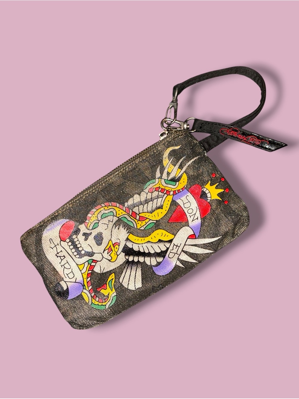 Vintage Y2K Ed Hardy tattoo print canvas wristlet